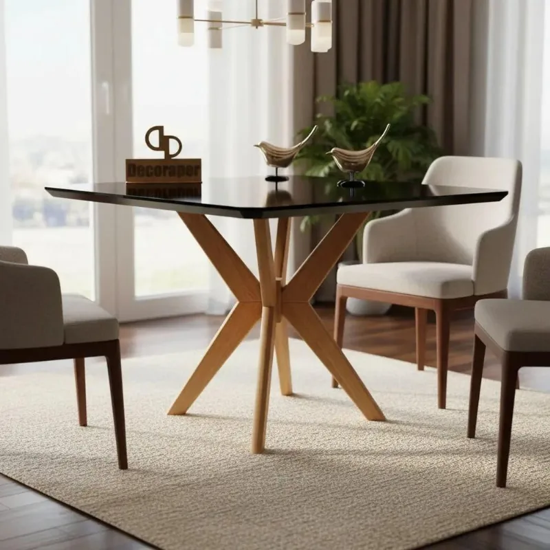 Mesa de Jantar Pandora 6 Lugares Retangular MDF Laqueado com Vidro Preto 120CM Decoraper