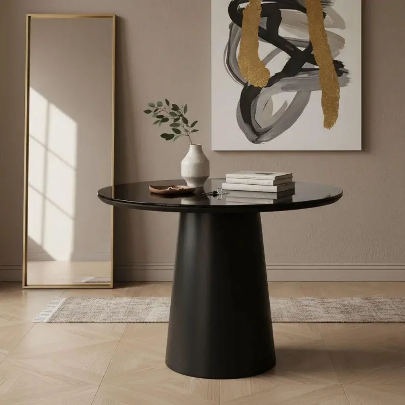 Mesa de Canto Cone Laqueado Redondo Vidro Madeira Maciça 60CM Preto