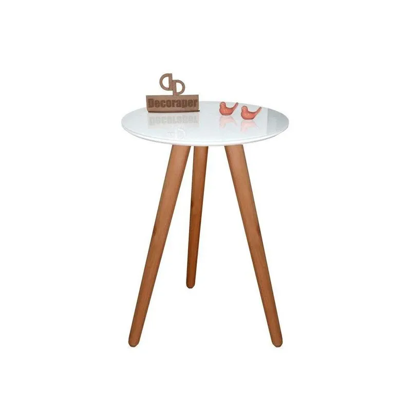 Mesa De Canto Pés Palito Amadeirado Com Tampo Vidro 35cm Branco 70cm
