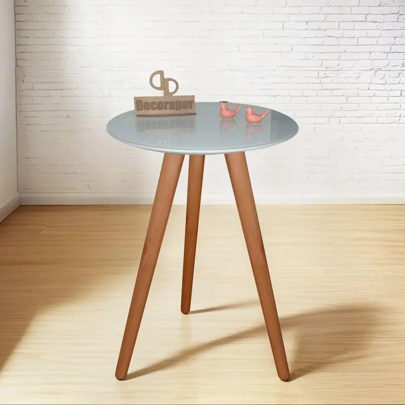 Mesa De Canto Pés Palito Redonda Vidro Madeira 35cm Off White Decoraper