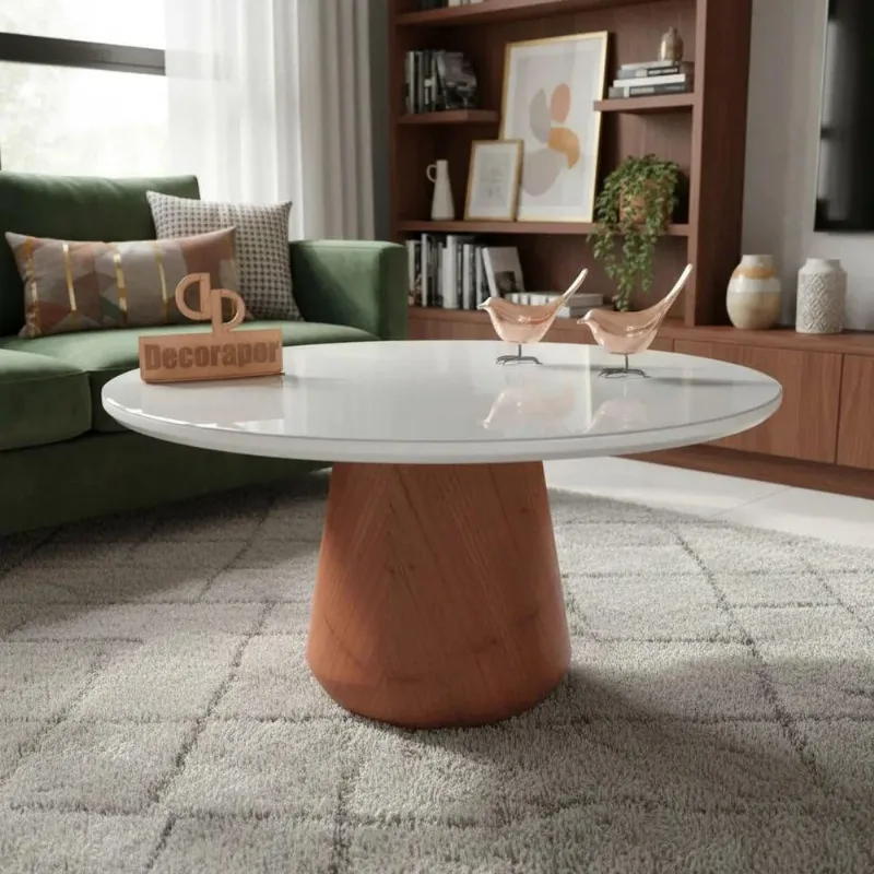 Mesa de Centro Base Cone Redonda Vidro MDF 70CM Off White Decoraper