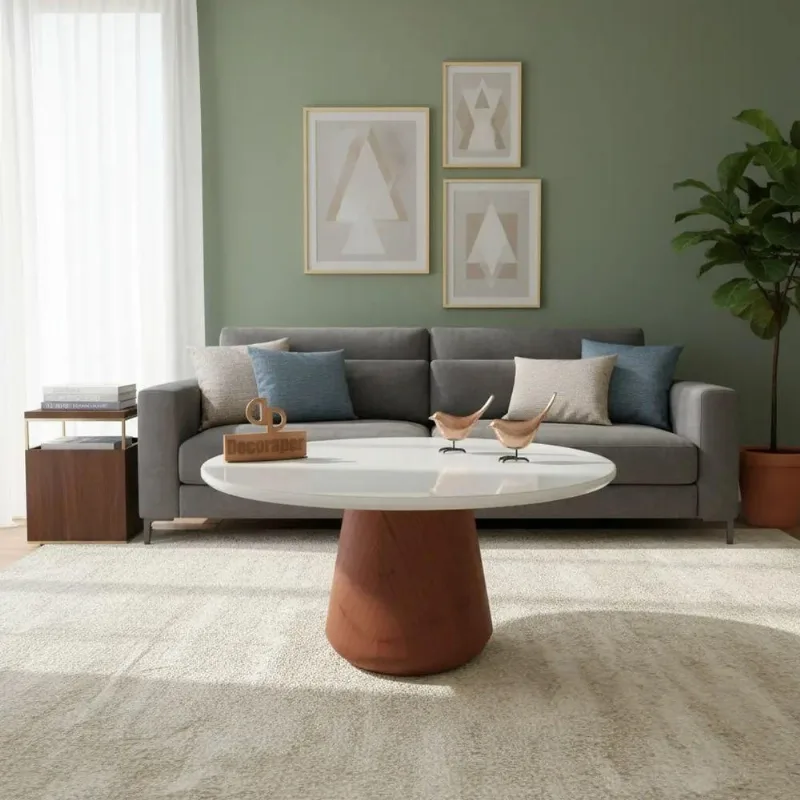 Mesa de Centro com Vidro 80cm Base Cone Envernizada Redondo MDF 80CM Branco Decoraper
