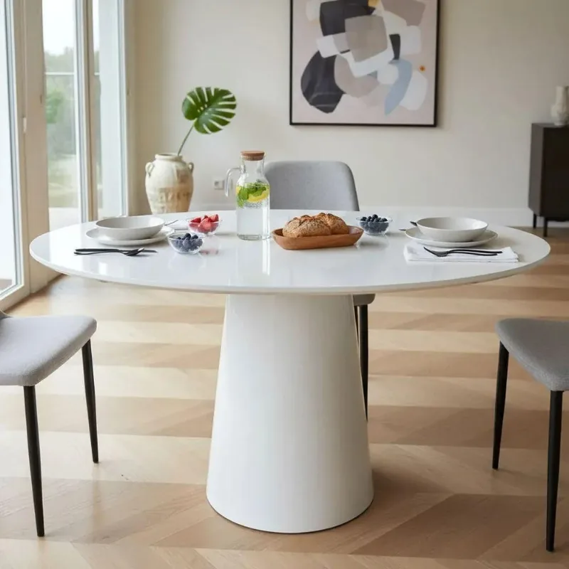Mesa de Jantar Cone Laqueado 4 Lugares Redonda MDF com Vidro Off White Decoraper 110CM