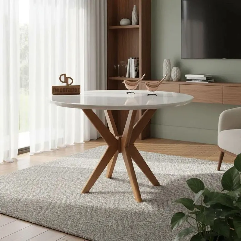 Mesa De Jantar Pandora Redonda MDF Laqueado Com Vidro 110cm Branco