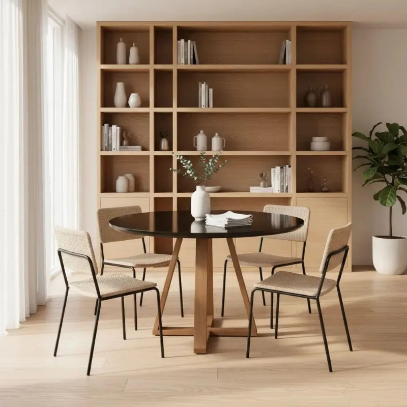 Mesa de Jantar Base X 6 Lugares Redonda MDF Laqueado com Vidro Preto Decoraper