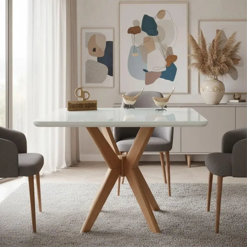 Mesa de Jantar Pandora 6 Lugares Retangular MDF Laqueado com Vidro Off White Decoraper