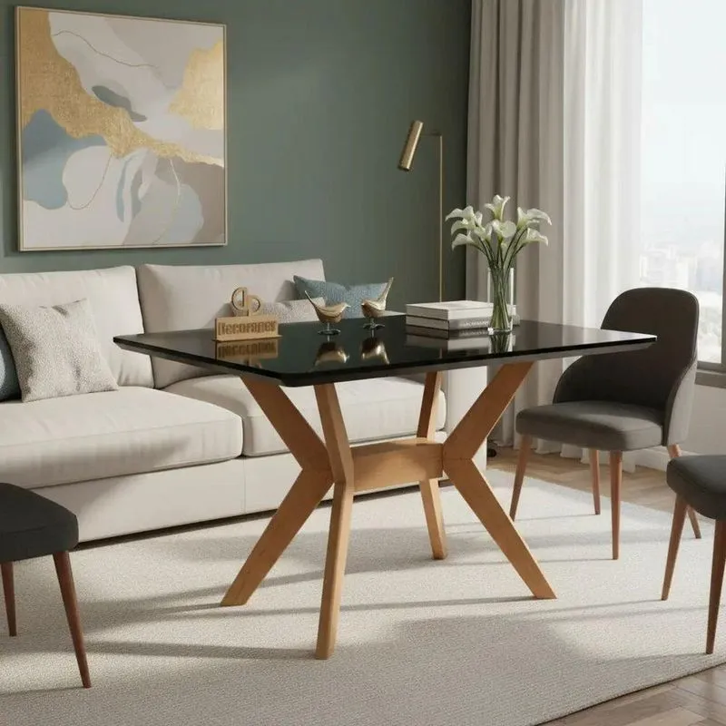 Mesa De Jantar Pandora Quadrada MDF Laqueado Com Vidro 80cm Preto