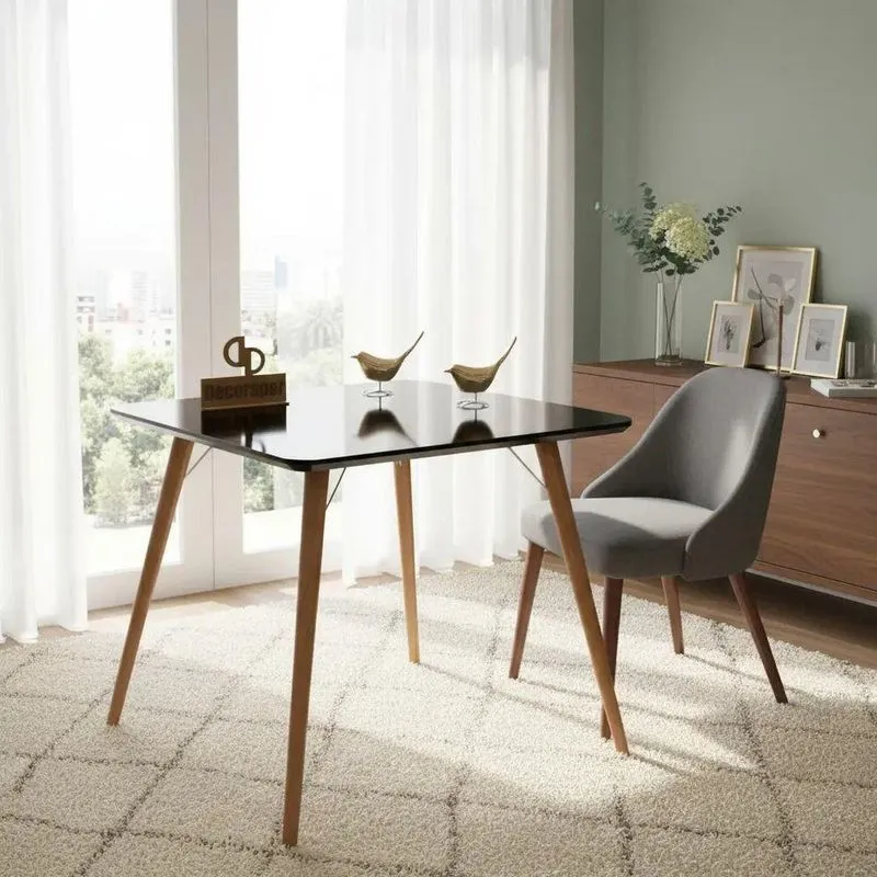 Mesa De Jantar Pés Palitos 4 Lugares Quadrada MDF Laqueado 80cm Preto Decoraper