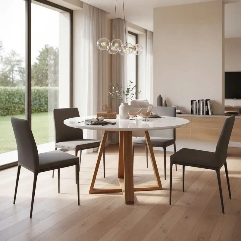 Mesa De Jantar Base X 4 Lugares Redonda Mdf Laqueado Com Vidro 80cm Branco