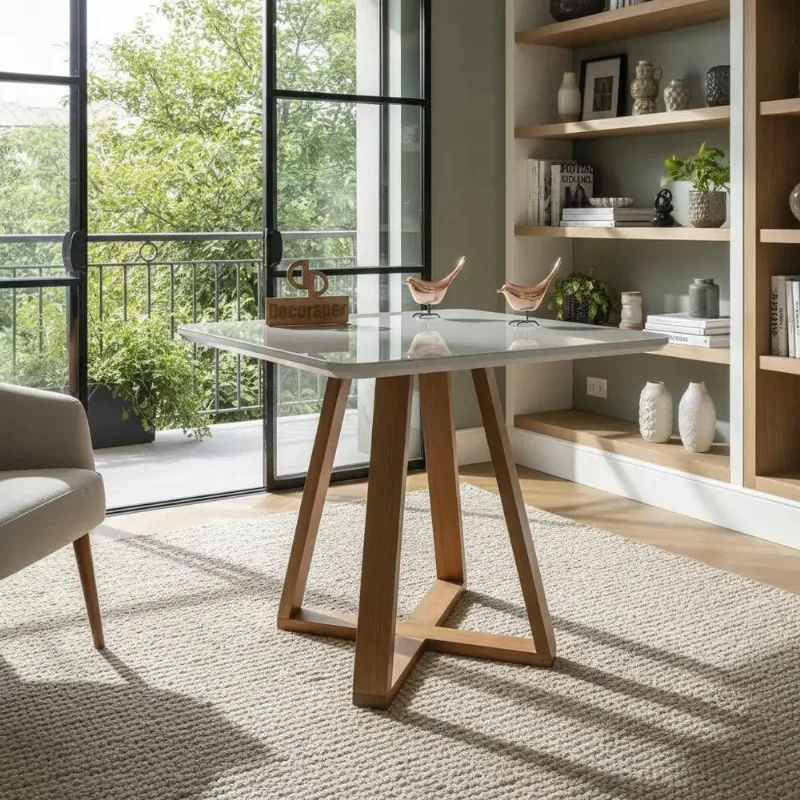 Mesa de Jantar Base X 4 Lugares Quadrada MDF Laqueado com Vidro Off White Decoraper