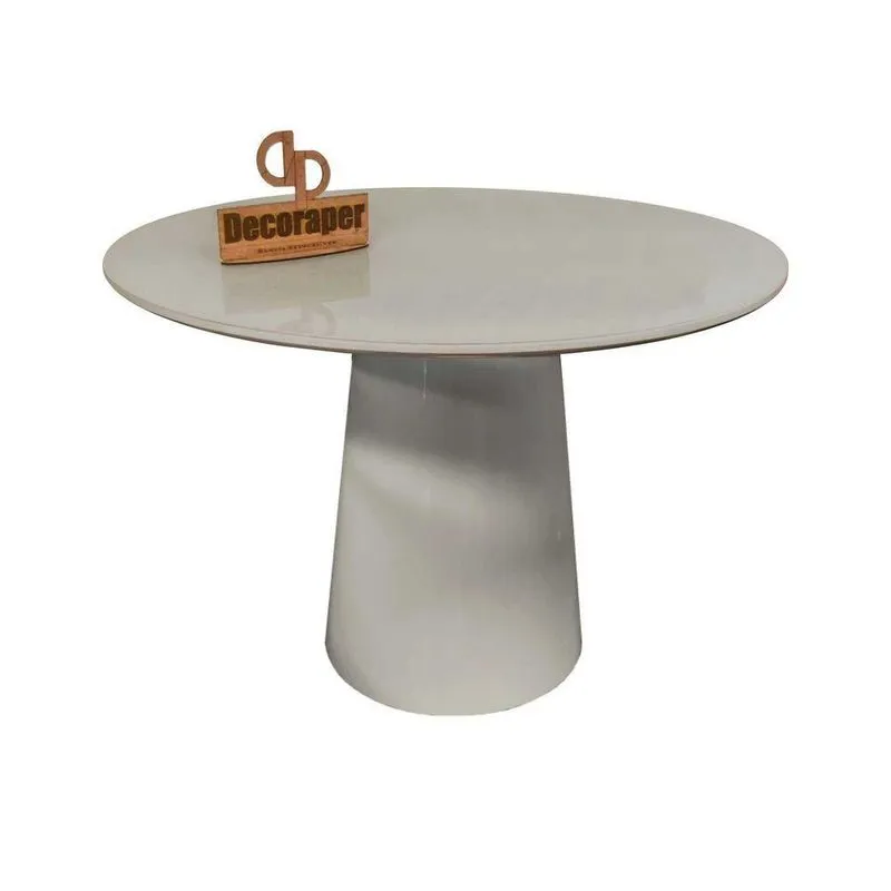 Mesa Jantar Cone Laqueado Tampo Redondo Laca Com Vidro 90cm Off White