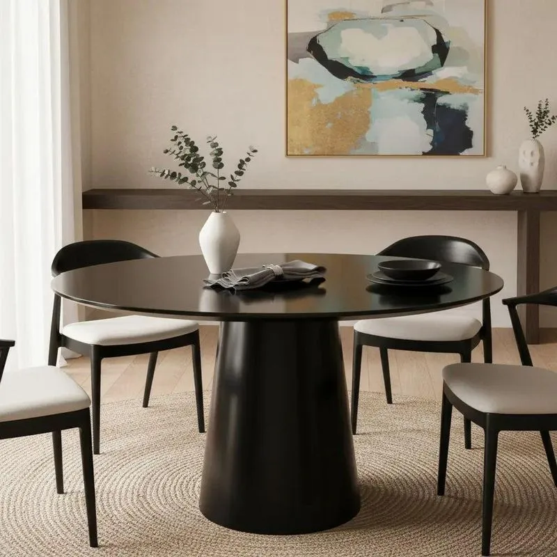 Mesa de Jantar Cone 4 Lugares Redonda MDF Laqueado com Vidro 90CM Preto