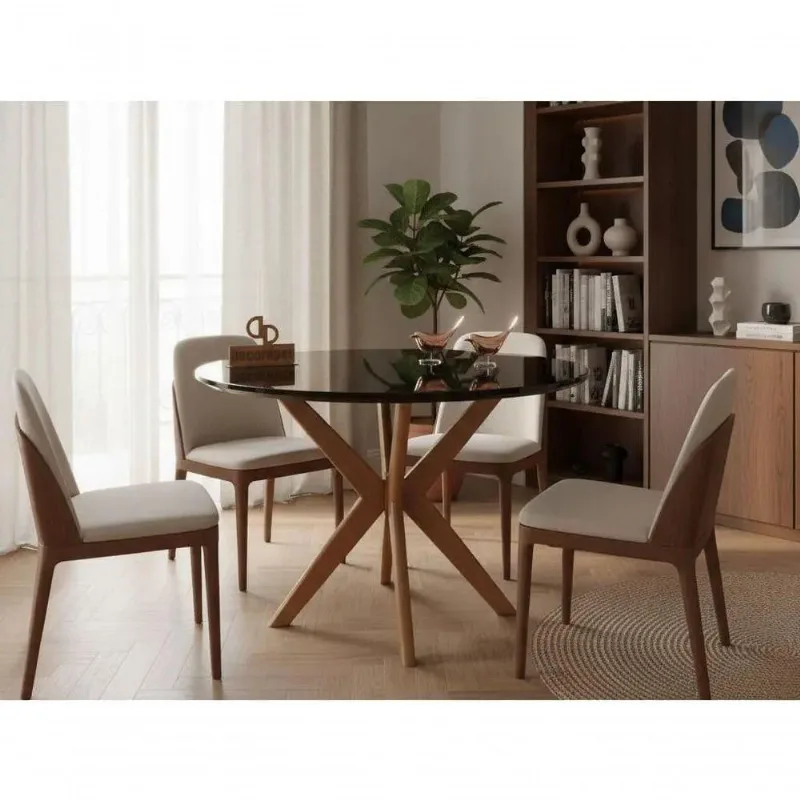 Mesa de Jantar Pandora 4 Lugares Redonda Laqueada com Vidro Preto Decoraper