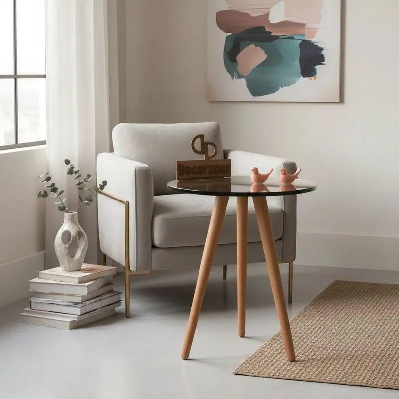 Mesa De Canto Pés Palito Amadeirado Com Tampo Espelhado Redondo Mdf Madeira Maciça 50cm Preto