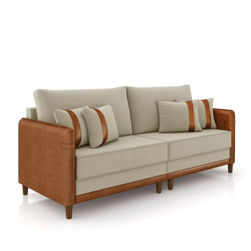 Sofá 3 Lugares Living 192cm Pé Madeira Valença Nozes/veludo Bege K01 - D\'rossi