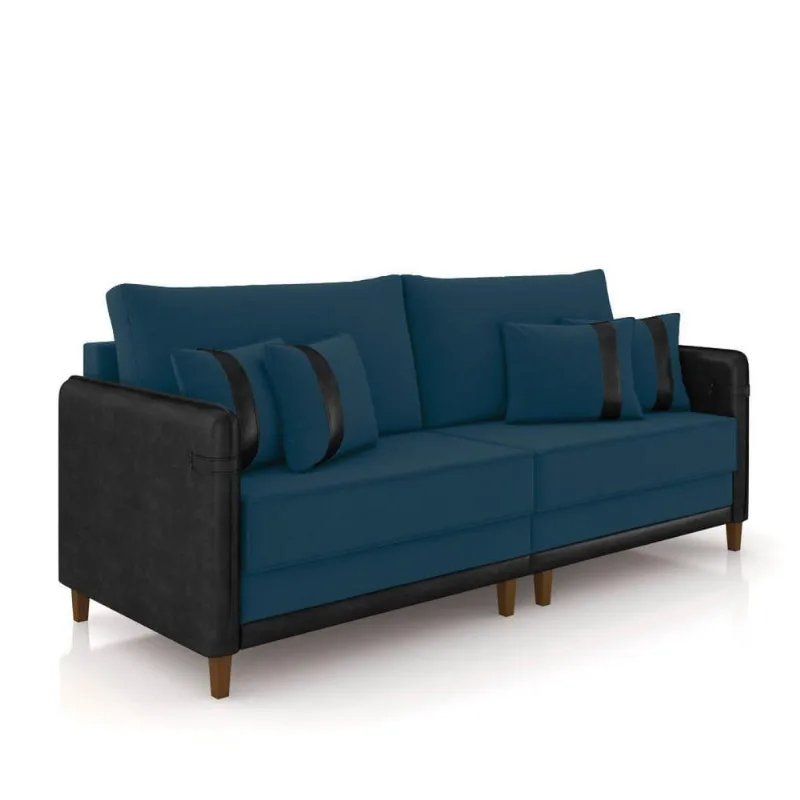 Sofá 3 Lugares Living 192cm Pé Madeira Valença Pto/veludo Azul K01 - D\'rossi