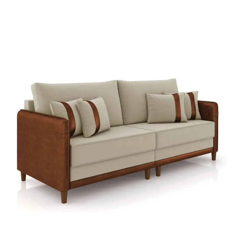 Sofá 3 Lugares Living 192cm Pé Madeira Valença Marrom/veludo Bege K01 - D\'rossi