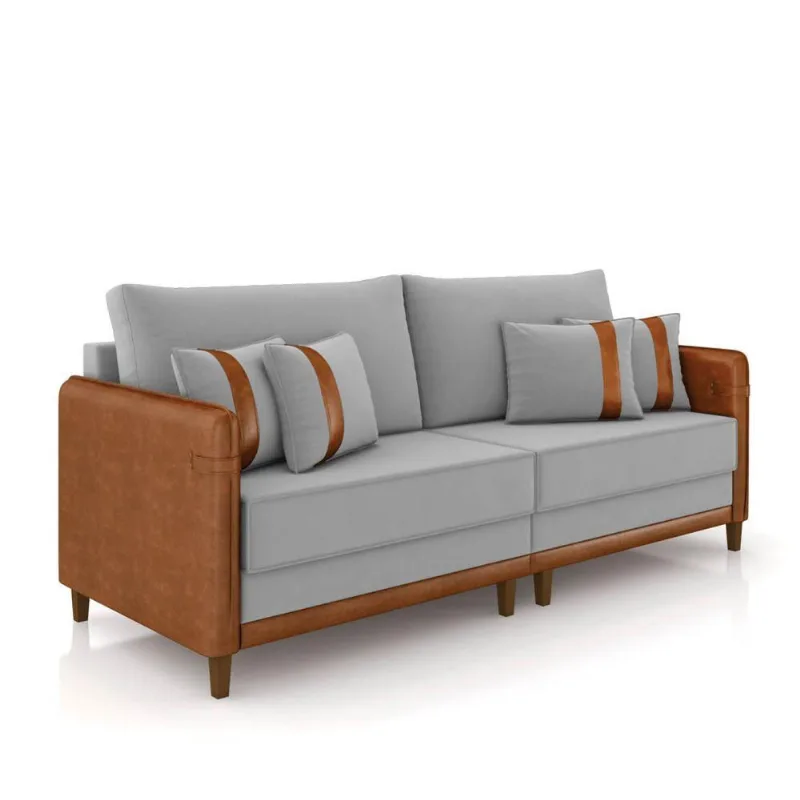 Sofá 3 Lugares Living 212cm Pé Madeira Valença Nozes/veludo K01 - D\'rossi Cor Cinza