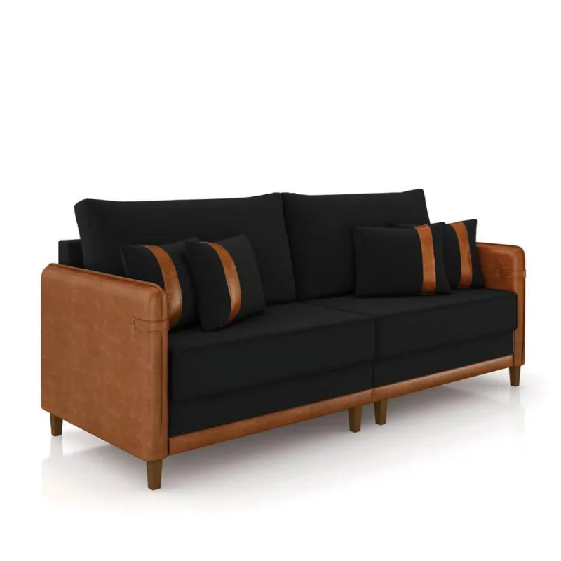 Sofá 3 Lugares Living 212cm Pé Madeira Valença Nozes/veludo K01 - D\'rossi Cor Preto