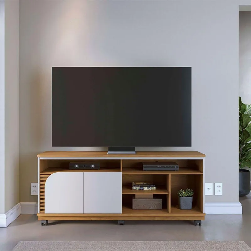 Bancada Tv De 65'' 2 Portas Ewa E Rodízio 150cm C04 - D'rossi Amendoa E Verde Pistache