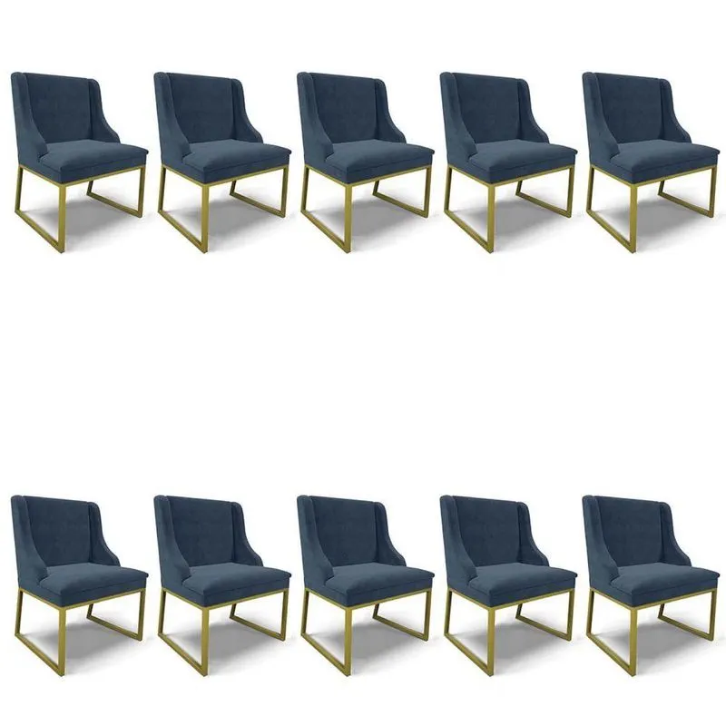 Cadeira Sala De Jantar Industrial Dourado Kit 10 Liz Suede Azul M D03 - D'rossi
