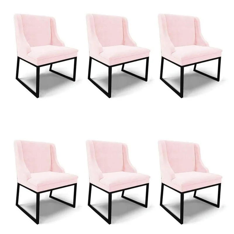 Cadeira Sala De Jantar Industrial Preto Kit 6 Liz Suede Rosa Bebê D03 - D'rossi