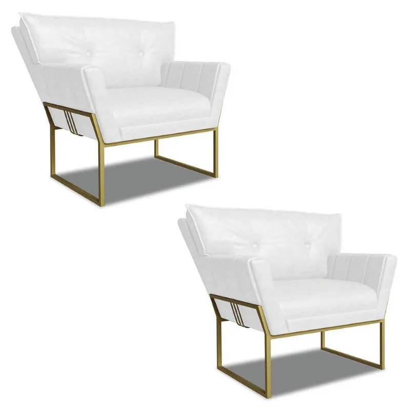 Poltrona Sala Industrial Dourado Kit 2 Anitta Sintético Pu Branco D03 - D'rossi