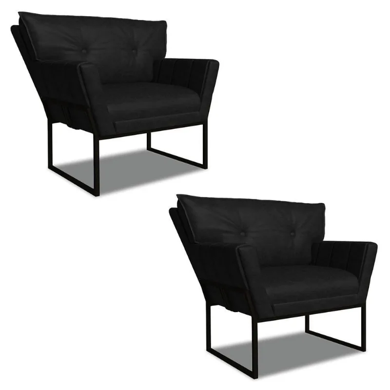 Poltrona Sala Industrial Preto Kit 2 Anitta Sintético Pu Preto D03 - D'rossi