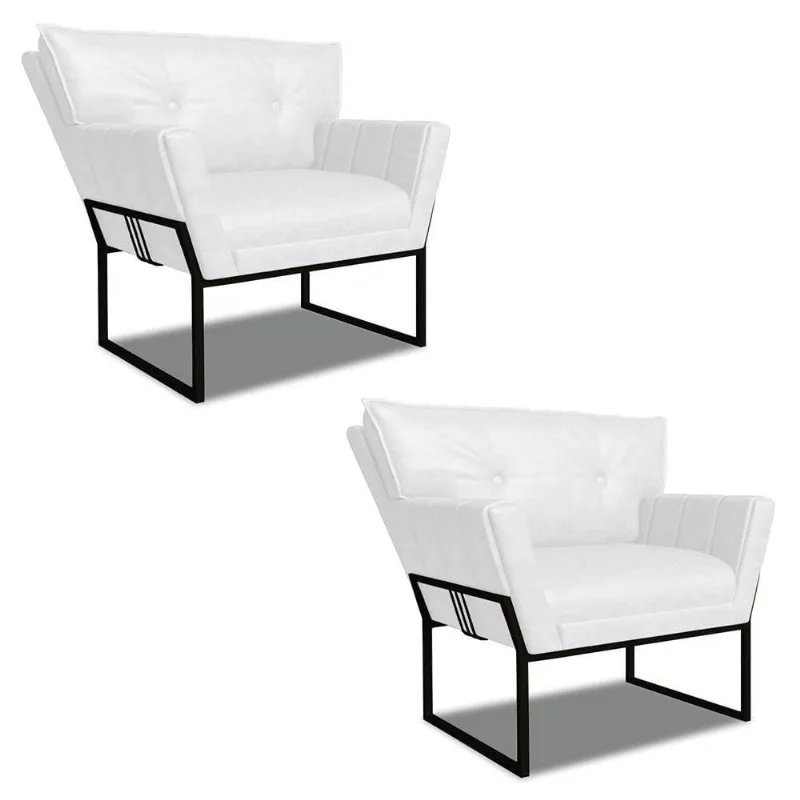 Poltrona Sala Industrial Preto Kit 2 Anitta Sintético Pu Branco D03 - DRossi