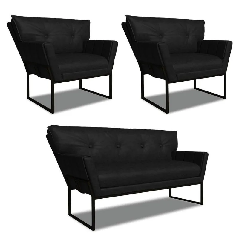 Namoradeira E 2 Poltronas Industrial Pto Anitta Sintét Pu Preto D03 - D'rossi