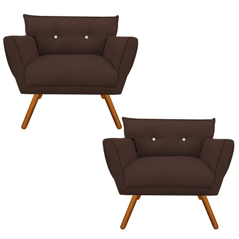Kit 2 Poltronas Anitta com Strass Suede Marrom Pés Palito Castanho - D'Rossi