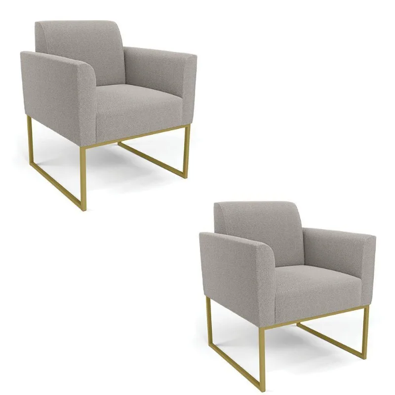 Poltrona Sala Estar Industrial Dourado Kit 2 Marisa Bouclê Cinza D03 - D'rossi