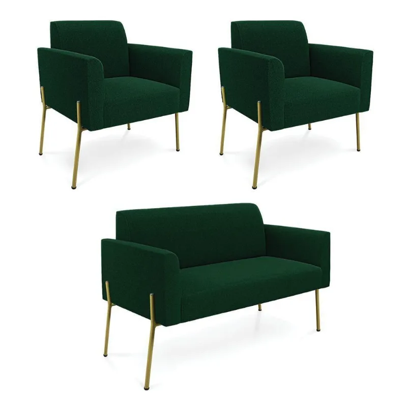 Namoradeira E 2 Poltronas Pé Ferro Dourado Marisa Bouclê Verde D03 - D'rossi