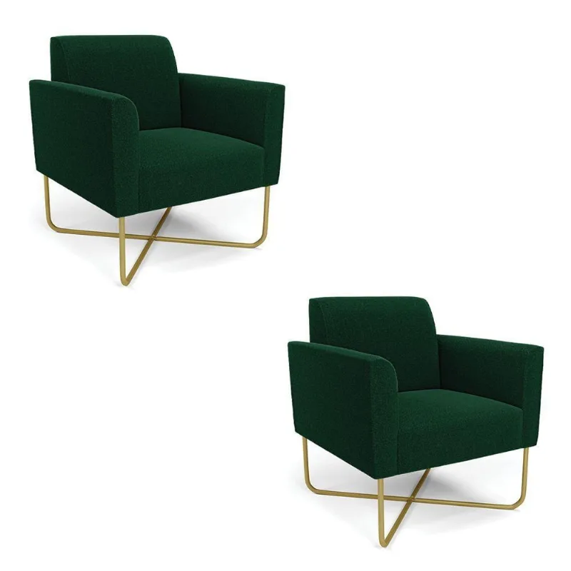 Poltrona Sala Base X Industrial Dourado Kit 2 Marisa Bouclê Verde D03 - D'rossi