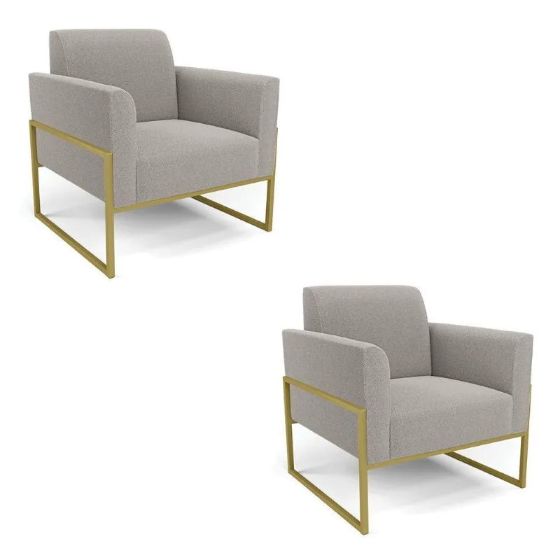 Poltrona Sala Estar Industrial Alta Dourado Kit 2 Marisa Bouclê Cinza D03 - D'rossi