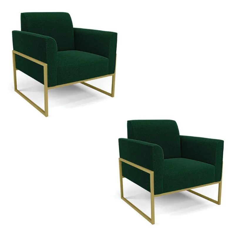 Poltrona Sala Estar Industrial Alta Dourado Kit 2 Marisa Bouclê Verde D03 - D'rossi