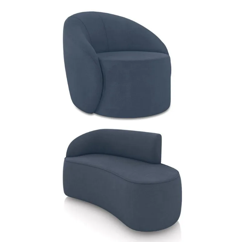 Sofá 2 Lugares Orgânico 140cm Morgan E Poltrona Lua Suede Azul M D03 - D'rossi
