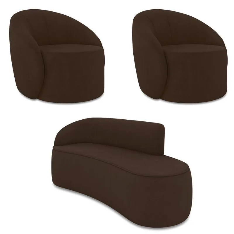 Sofá 3 Lugares Orgânico 180cm Morgan E 2 Poltronas Lua Suede Marrom D03 - D'rossi