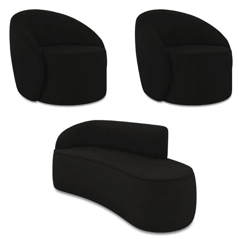 Sofá 3 Lugares Orgânico 180cm Morgan E 2 Poltronas Lua Suede Preto D03 - D'rossi