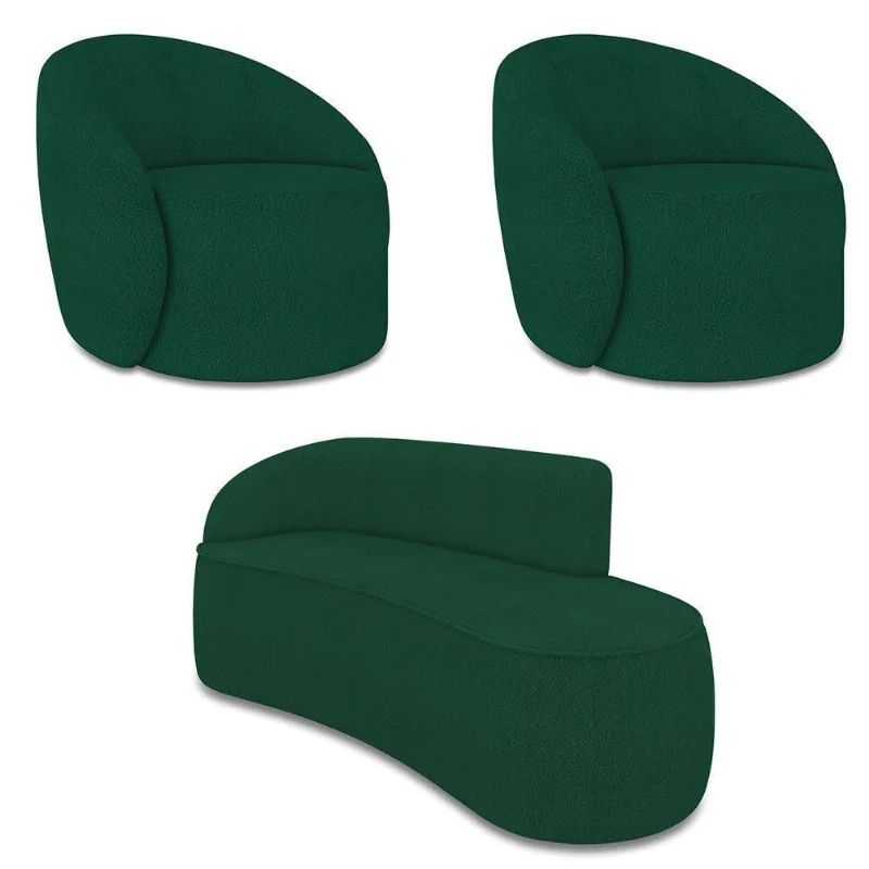 Sofá 3 Lugares Orgânico 180cm Morgan E 2 Poltronas Lua Bouclê Verde D03 - D'rossi