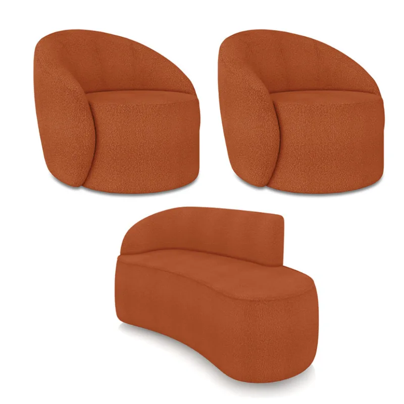 Sofá 2 Lugares Orgânico 140cm Morgan e 2 Poltronas Lua Bouclê D03 - D'Rossi Terracota