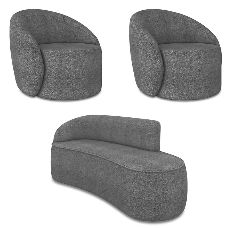 Sofá 3 Lugares Orgânico 180cm Morgan e 2 Poltronas Lua Bouclê D03 - D'Rossi Grafite