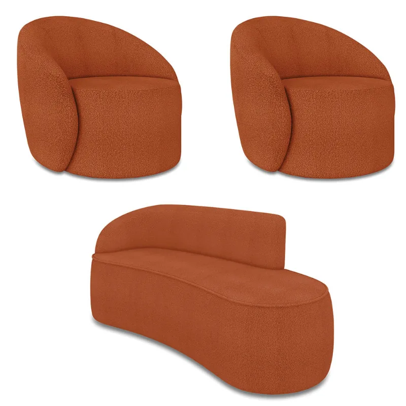 Sofá 3 Lugares Orgânico 180cm Morgan e 2 Poltronas Lua Bouclê D03 - D'Rossi Terracota