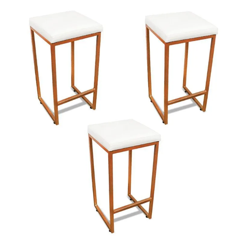 Banqueta Alta Para Cozinha Industrial Kit 3 Nick Bronze E Sintético Branco D03 - D'rossi