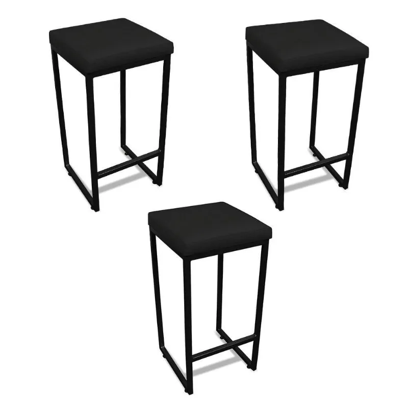 Banqueta Alta Para Cozinha Industrial Kit 3 Nick Preto E Sintético Preto D03 - D'rossi