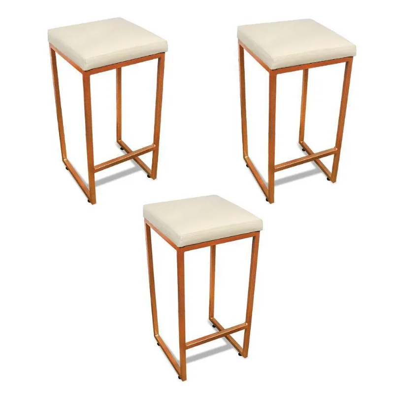 Banqueta Alta Para Cozinha Industrial Kit 3 Nick Bronze E Sintético D03 - D'rossi Cor Branco