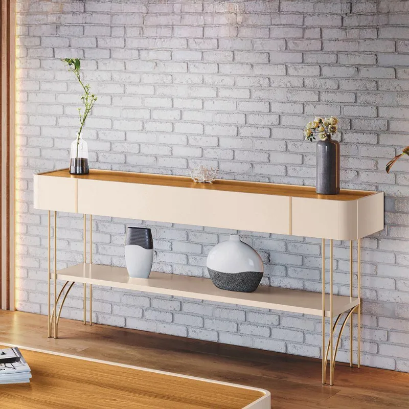 Aparador D'Rossi Horus H01 Sala Prateleira Aço Maciço Dourado Off White e Cinamomo