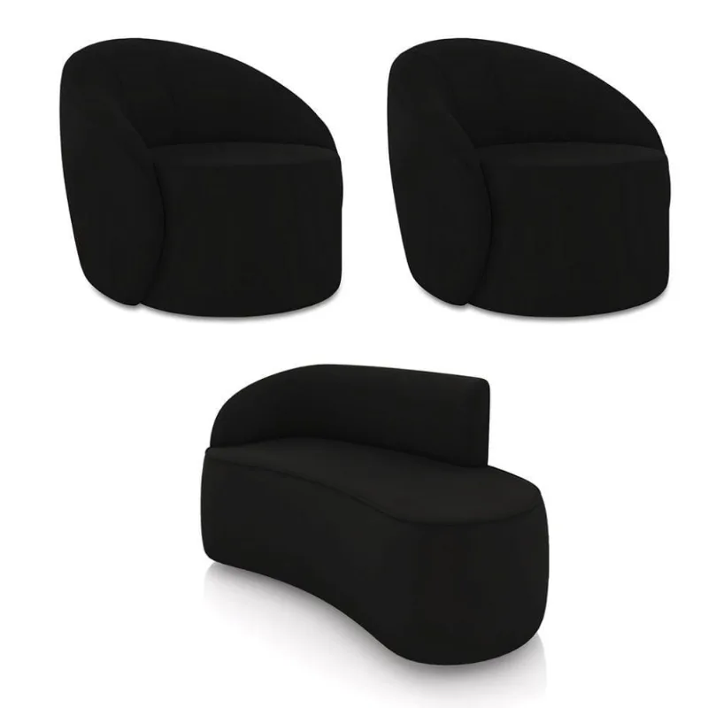 Sofá 2 Lugares Orgânico 140cm Morgan E 2 Poltronas Lua Veludo Preto D03 - D'rossi