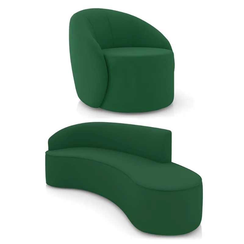 Sofá 4 Lugares Orgânico 220cm Morgan e Poltrona Lua Veludo Verde D03 - D'Rossi