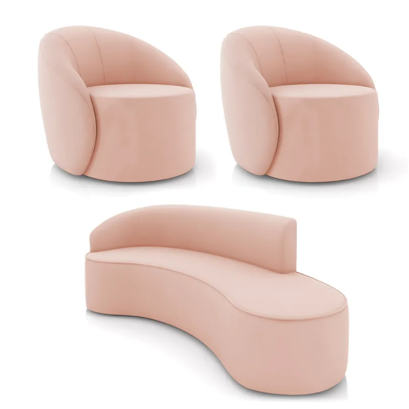 Sofá 4 Lugares Orgânico 220cm Morgan e 2 Poltronas Lua Veludo Rose D03 - D'Rossi
